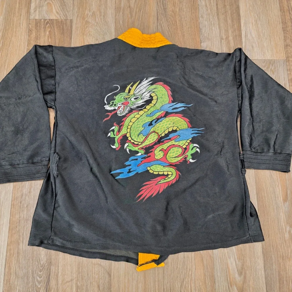 Vintage Kids Karate Dragon Jacket Black Yellow Martial Arts Uniform Youth Large